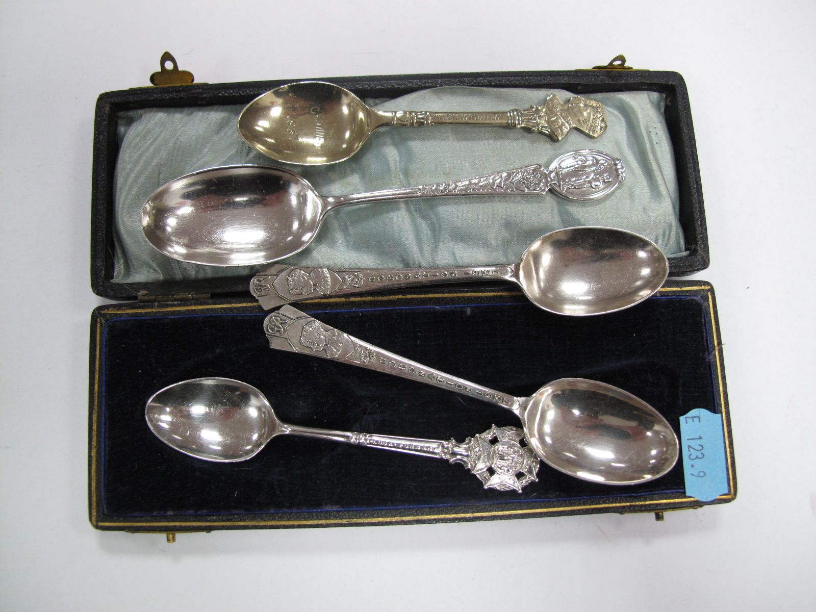 A Hallmarked Silver Rifle Club Spoon, in incorrect fitted case, together with a teaspoon and three