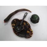 A Tortoiseshell Trinket Tray, novelty horn snake, spoon and frog under lily pad.