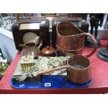 Riveted Copper Jugs, pan, brass desk stand, scroll wall mount, trivet, etc:- One Tray