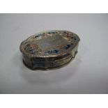 A Hallmarked Silver Snuff Type Box, of shaped oval form, highlighted in blue and red enamel, gilt