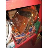 A Beneres Brass Tray, pair of hardwood wall plaques, books, brushes, camera, etc:- One Box,