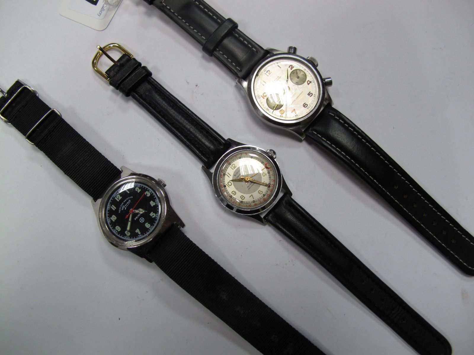 Cyma Watersport, West End Watch Co Sowar and Simonat Calendographe Gent's Wristwatches. (3)