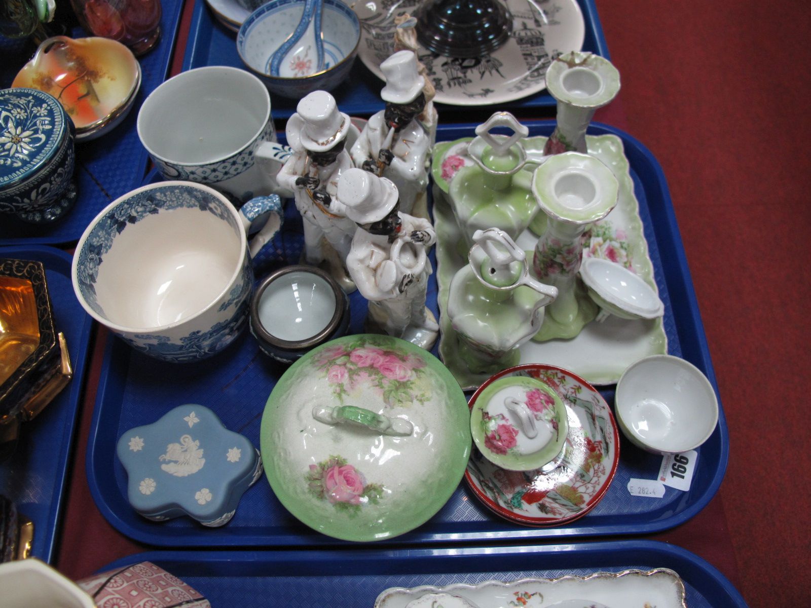 Adams Blue and White Cups, Wedgwood Jasperware salt, early XX Century dressing table set, a set of