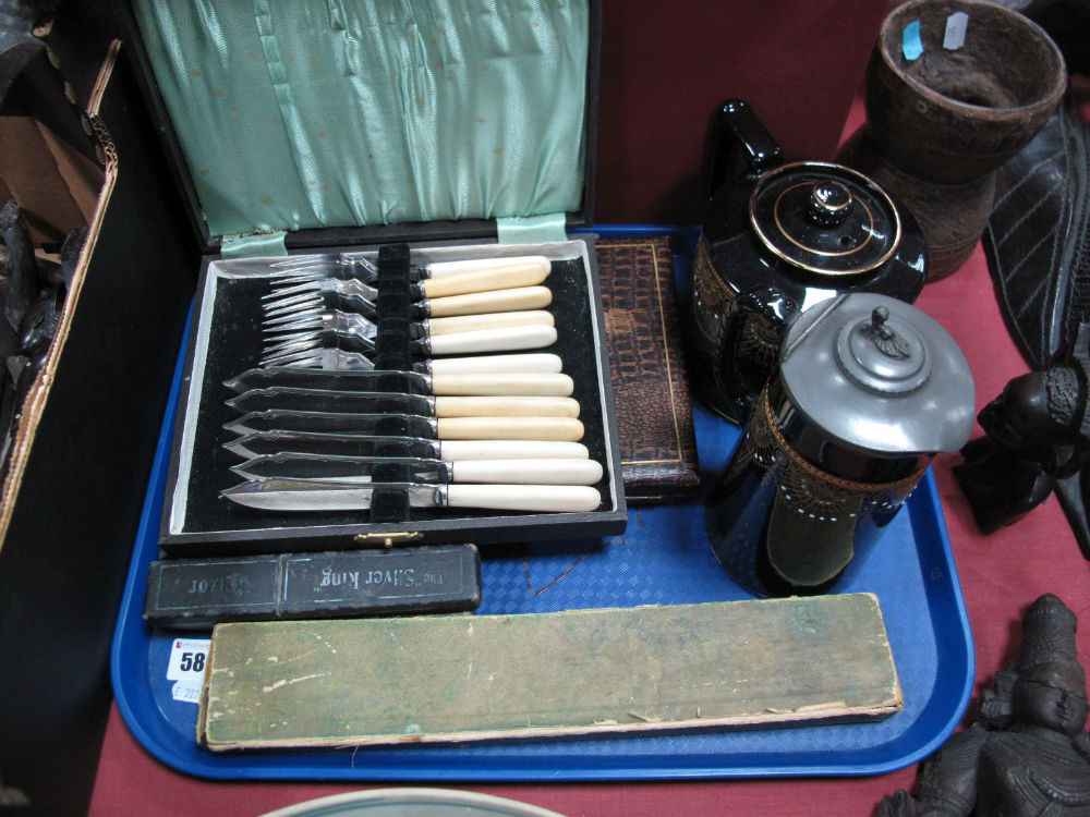 Landell The Famed Thistle Razor, other cut throat razors, cased cutlery, XIX Century teapot, jug