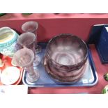 Davidson Amethyst Smokey Glassware, comprising jardiniere, two plates, three vases.
