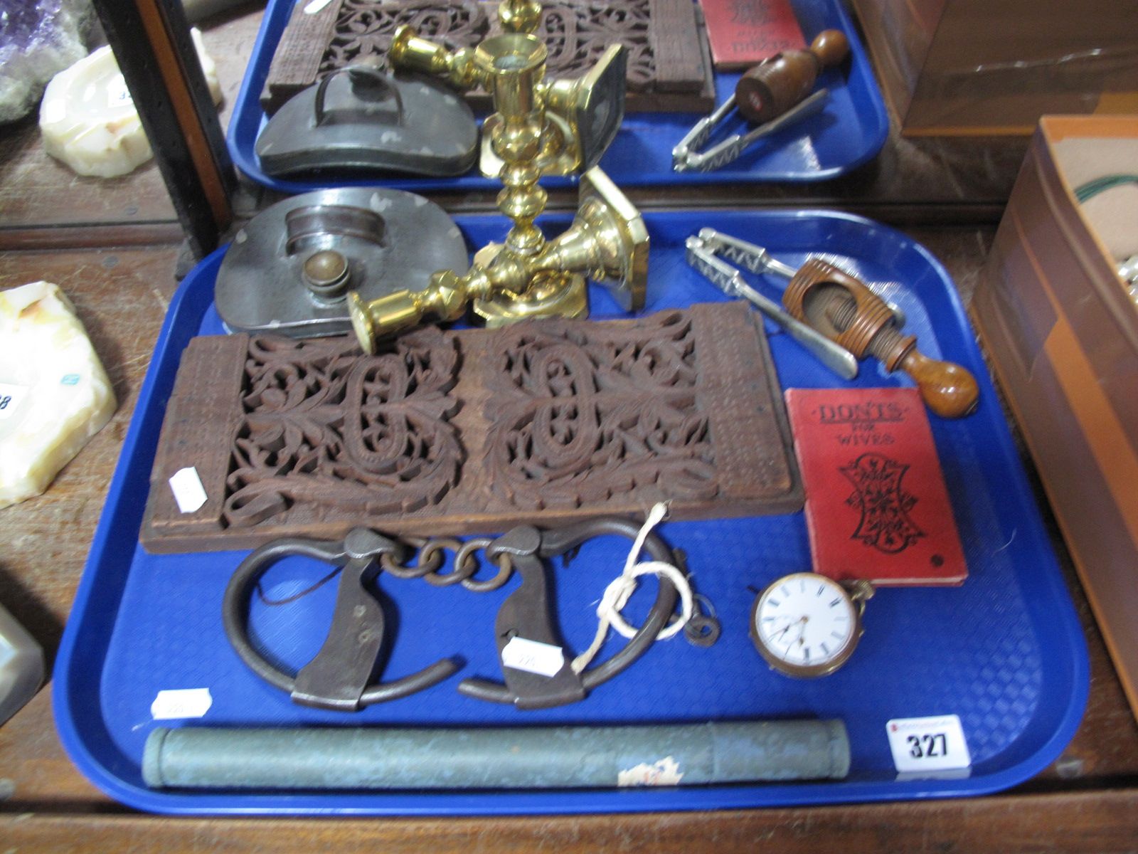 A Pair of Handcuffs, stamped Town, pocket watch, XIX Century treen thumb screws, Indian extending