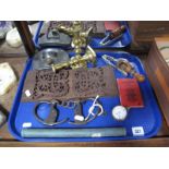 A Pair of Handcuffs, stamped Town, pocket watch, XIX Century treen thumb screws, Indian extending