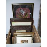 A Beadwork Floral Panel, oak acorn carved frame, Baxter style prints, Hogfeldt prints, etc:- One