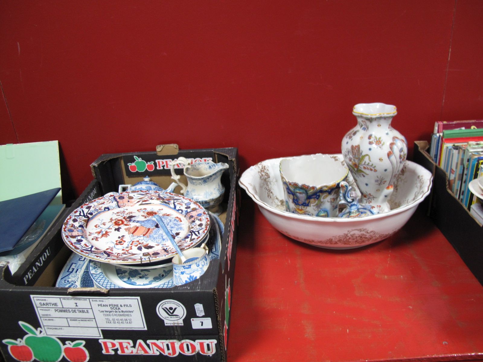 Blue and White Pottery Meat Plates, Mason's charger, Cauldon wash bowl, Faience jardiniere, jar