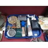 Lady's Fans, chain purse, trinket boxes, glass, brass, etc:- One Tray