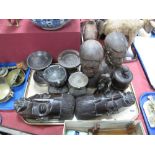 A Pair of Carved African Hardwood Busts, four others as ashtray supports, tobacco jar with ethnic