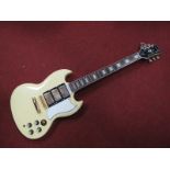 Epiphone Les Paul Custom Guitar. Serial number U00072954. White antique ivory finish, pearl insets