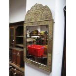 A Rectangular Wall Mirror, in gilt wood and tapestry arched frame.