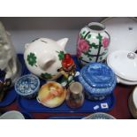 Goebel Piggy Bank, Carlton and Old Court vases, glass clown, Noritake dishes, Rington's tea caddy,
