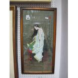 A XX Century Japanese Erotic Watercolour on Tissue Paper, of a semi naked woman watering a plant