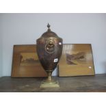 Georgian Copper and Brass Tea Urn (lacking tap), a pair of marquetry wood pictorial panels, "
