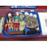 Carved Soapstone Plaque, (damaged) and two dishes, figure, finger bowls, four dolls :- One Tray