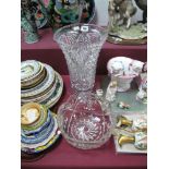 A Large Cut Glass Vase, on an octagonal shaped base, together with a moulded glass fruit bowl. (2)