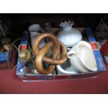 Enamel Jug, bed pans, oil lamp, decanters etc :- One Box