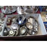 Assorted Plated Ware, including swing handled basket with blue liner, cutlery, lidded mustard,