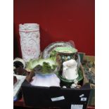 Glass Dishes, wash jug, dinner plates, carved wooden fruit, figures etc :- One Box + Pottery stick