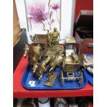 A Collection of Brass Model Horse and Carts, anvil and wheelwright workers etc :- One Tray