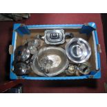 Plated Tea and Hot Water Pots, swing handled oval dish, cruet stand, jugs etc :- One Box