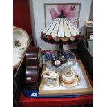 A Woodford Mahogany Cased Mantel Clock, an early XX Century style table lamp, crystal bowl, bus