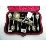 A Cased Set of Six Silver Teaspoons, sugar tongs, Sheffield 1978, together with two silver