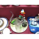 Glass Clown, two swans, wrythen twist jug, and early XX Century tray.