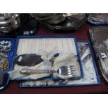 A Decorative Set of Six Plated Fish Knives and Forks, in fitted case, together with matching pair of