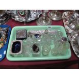 A Silver Collared Scent Bottle, a glass cruet set. glass and silver plated salts, etc:- One Tray