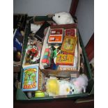 A Small Steiff Rabbit (button in ear), plus other toys and games including a Pelham puppet, dolls,