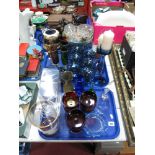 A Collection of Coloured Glassware, including three blue glass candlestands, set of twelve blue