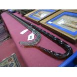 XIX Century Amber Glass Walking Stick, with red and blue spiral decoration, together with a green