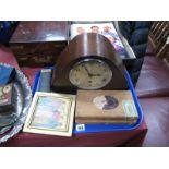 An Oak Cased Westminster Chimes Mantel Clock, quantity of pennies, sun slide rule, icon.