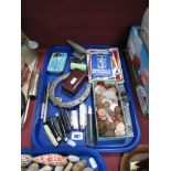 A Small Collection of Penknives, brown bakelite razor box, loose GB and world coins, horse shoe,