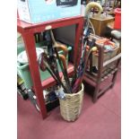 A Collection of "Shepherd Crook" Walking Sticks, horn handled sticks, umbrella, walking poles,