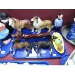 Two Beswick Horses, Melba Ware and other pottery dog figures, novelty sailor spirit bottle,
