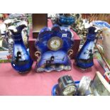 Early XX Century Mantel Clock, in blue ceramic casing, featuring windmill scene, together with