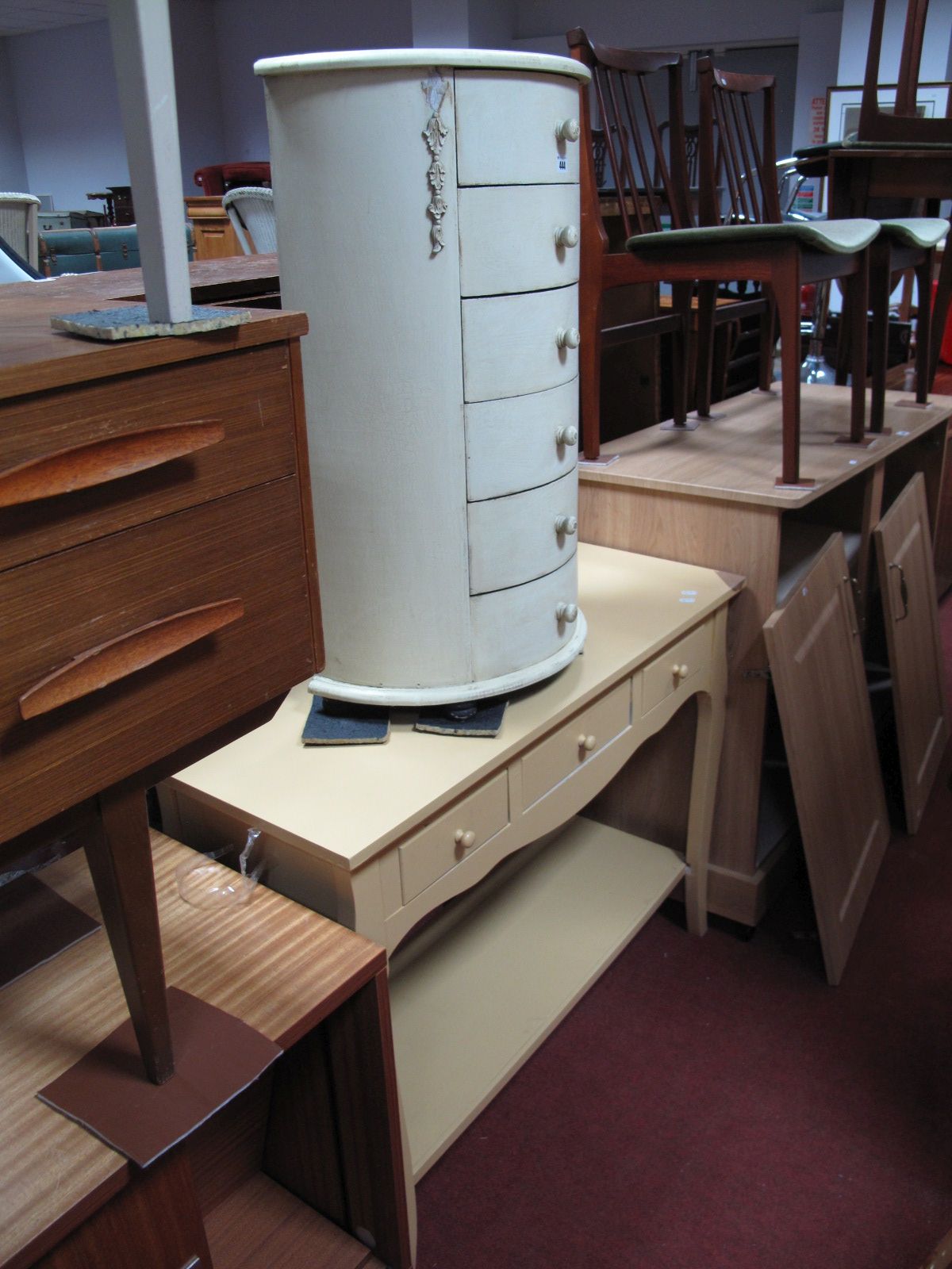 A Shabby-Chic Occasional Table, rectangular top, demi lune six drawer mini chest and a painted