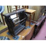 Oak Magazine Rack, with carved scroll sides, and a sewing table.