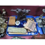 Equestrian Figure, crib boards, maple box, blue glass eye baths, etc:- One Tray