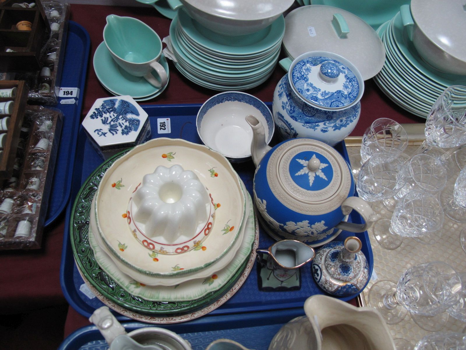 Ducal Salad Drainer, jelly mould, Spode biscuit jar, Booths hexagonal trinket, Copeland teapot on