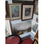 An Oval Wall Mirror, chalk nude study, oil landscape scene, watercolour bridge and stream scene,