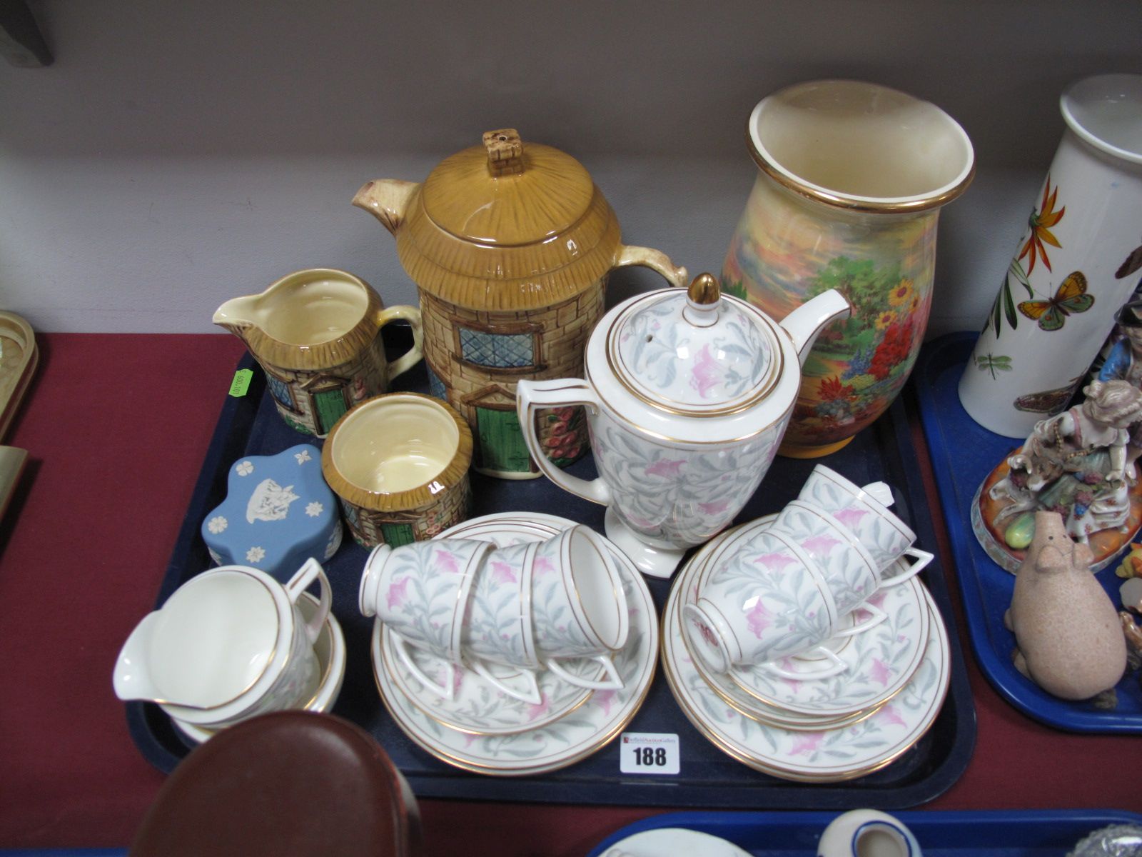 Minton Petunia Coffee Set, Sylvac Cottage Ware, Wedgwood Jasperware, 1930's vase (damages) :- One