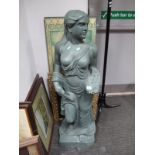 A Modern Concrete Figure of Scantily Clad Maiden Painting, on plinth base.