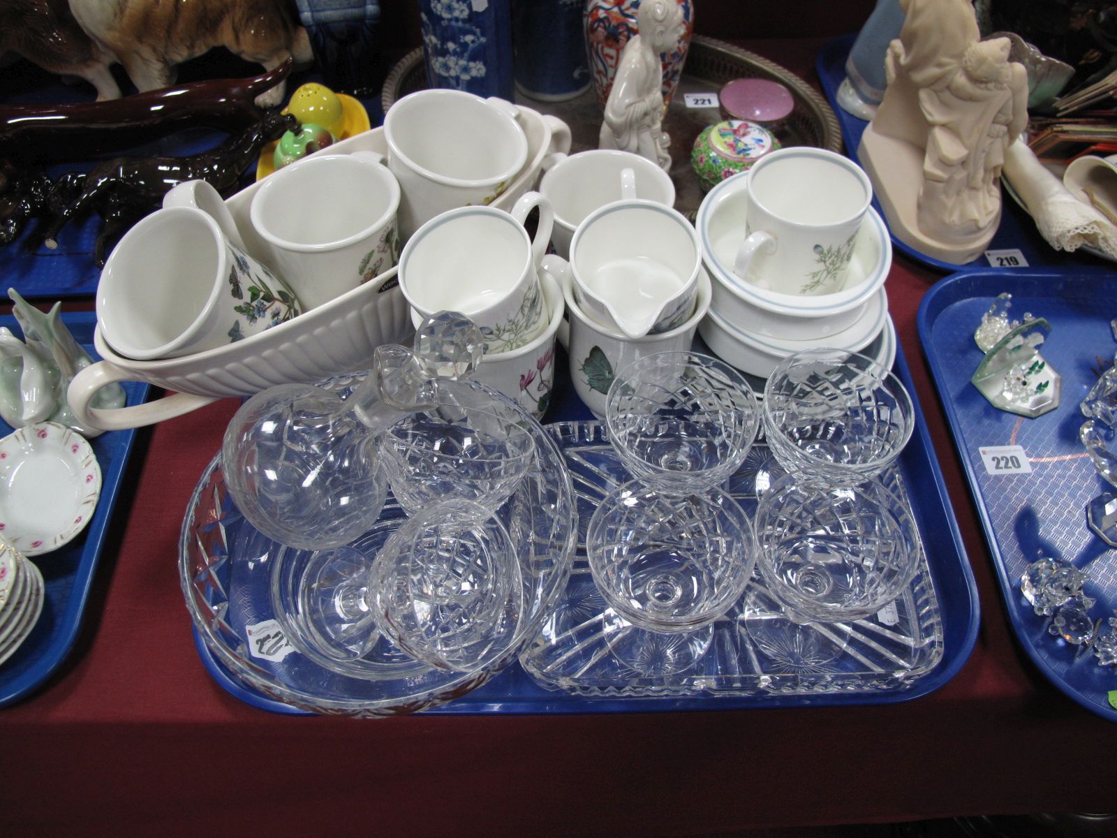 A Set of Six Portmeirion "Botanic Garden" Mugs, a set of six lead crystal glasses, dressing table