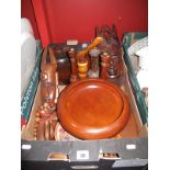 A Collection of Wooden Ware, including tribal wall masks, bowls, candlesticks, beads, etc:- One Box