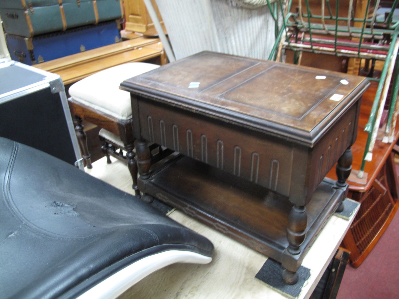 A Mid XX Century Sewing Box, with knulled decoration, together with an Edwardian foot stool, plus
